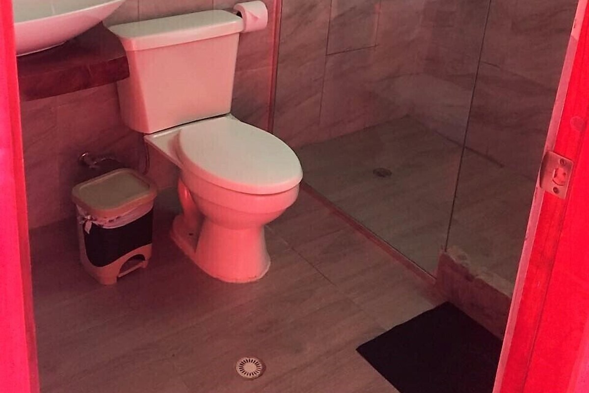 A modern bathroom with a glass shower enclosure, a white toilet, and a vessel sink.
