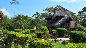 A thatched-roof building surrounded by lush greenery and tropical plants. - Suchipakari Jungle Lodge (Misahualli)