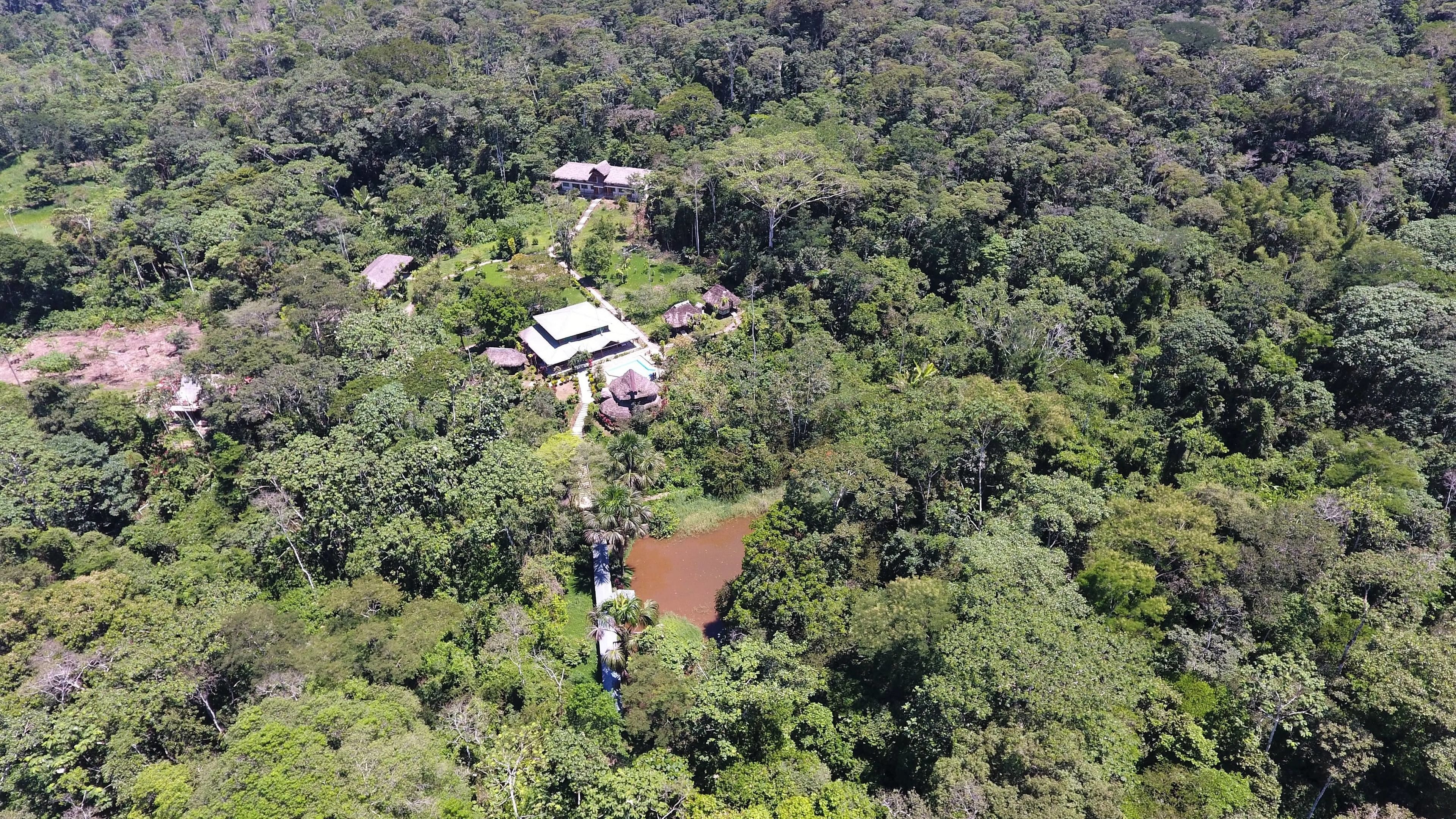 An aerial view of a forested area with a small cluster of buildings, including a main house and several smaller structures, surrounded by dense vegetation and a small water body.