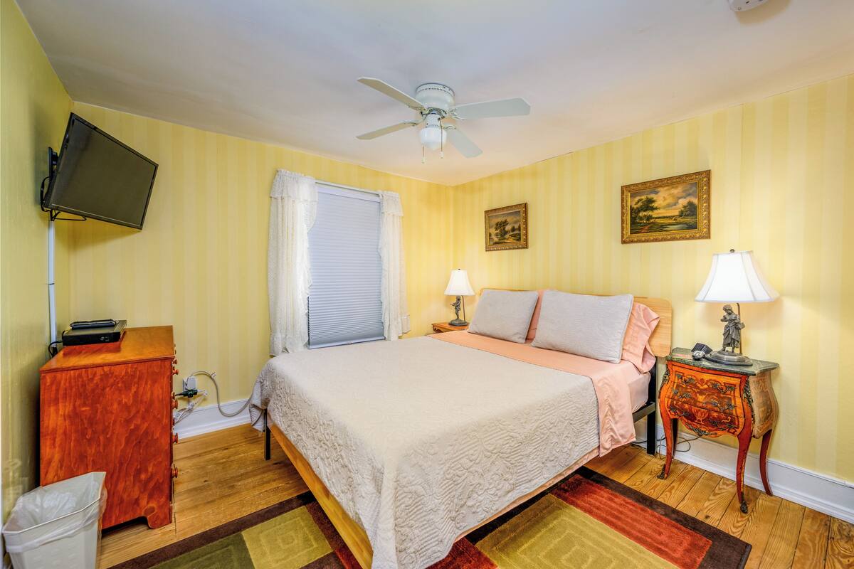 A bedroom with a bed, a ceiling fan, a TV mounted on the wall, a window with curtains, a bedside table with a lamp, and a painting on the wall.