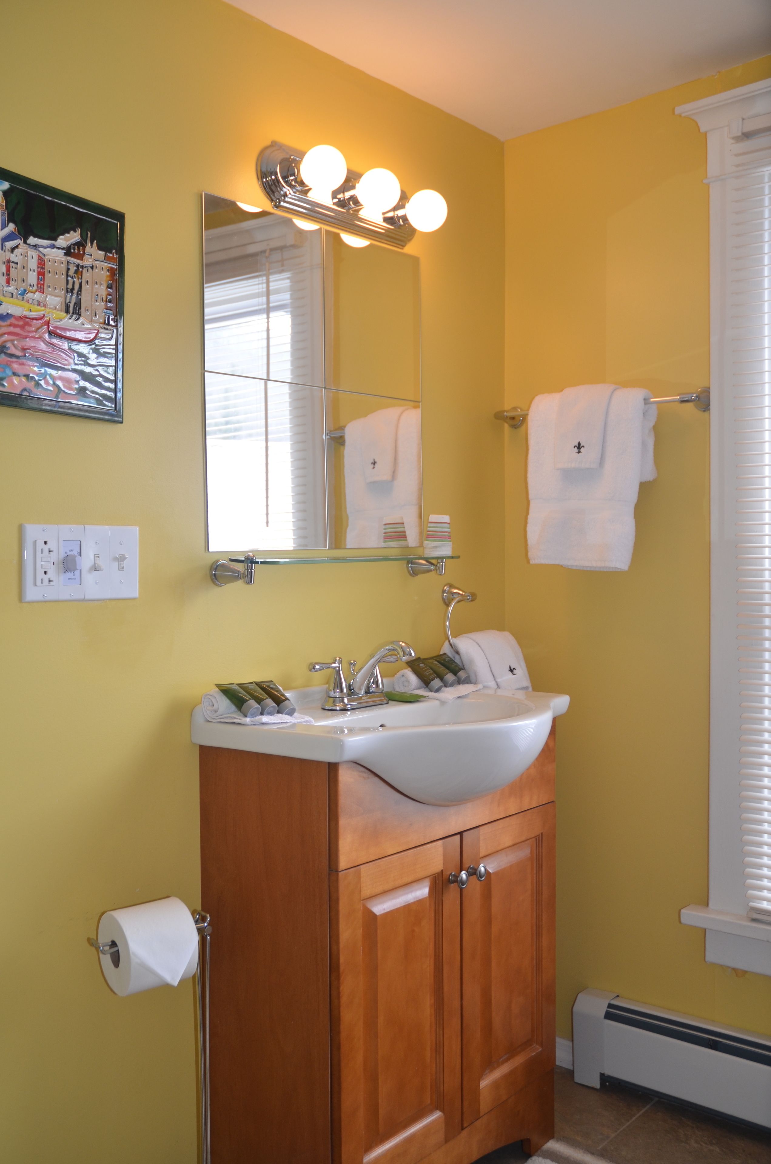 A bathroom with a wooden vanity, a white sink, and a mirror above it. There are two towels hanging on a towel rack, and a roll of toilet paper is visible on the wall.