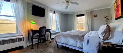 A bedroom with a bed, a desk with a lamp, a chair, and a ceiling fan.