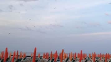 On the beach, sun-loungers, beach umbrellas