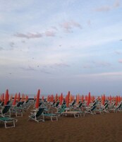 On the beach, sun loungers, beach umbrellas
