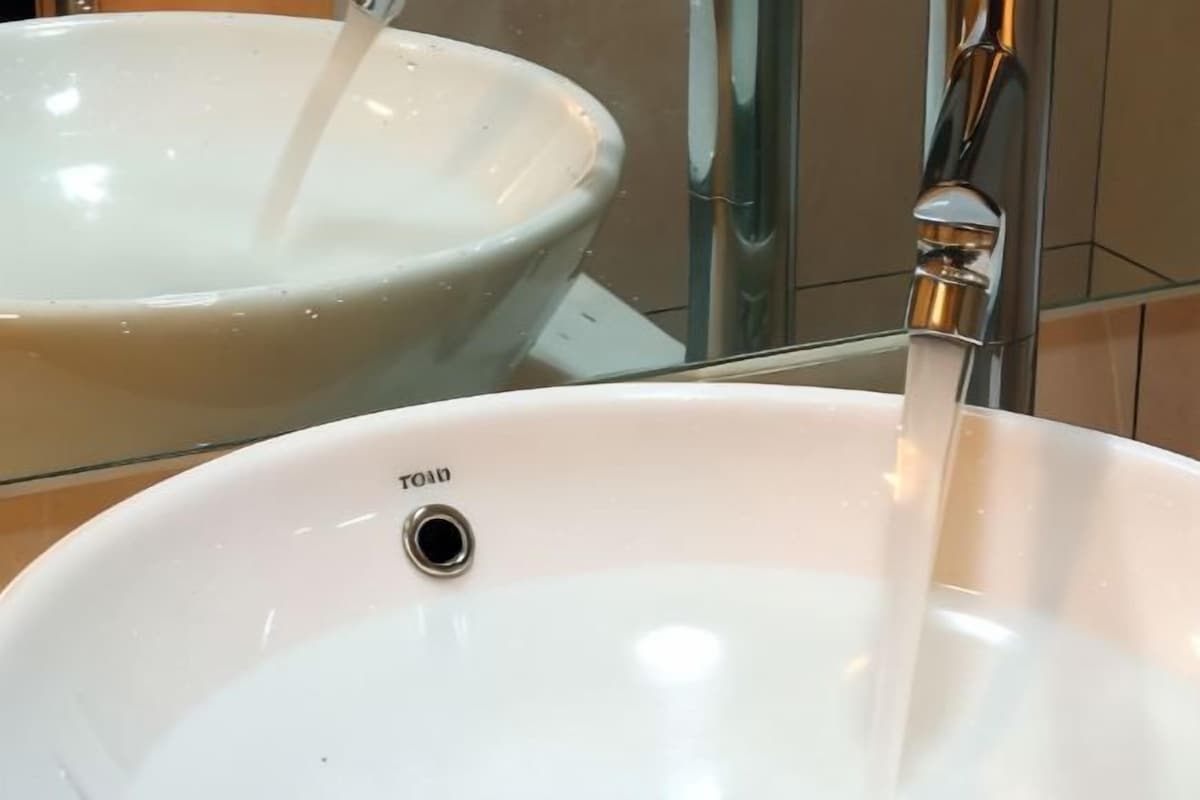Un lavabo de cerámica blanca con un grifo y un espejo que refleja un cuenco con agua.