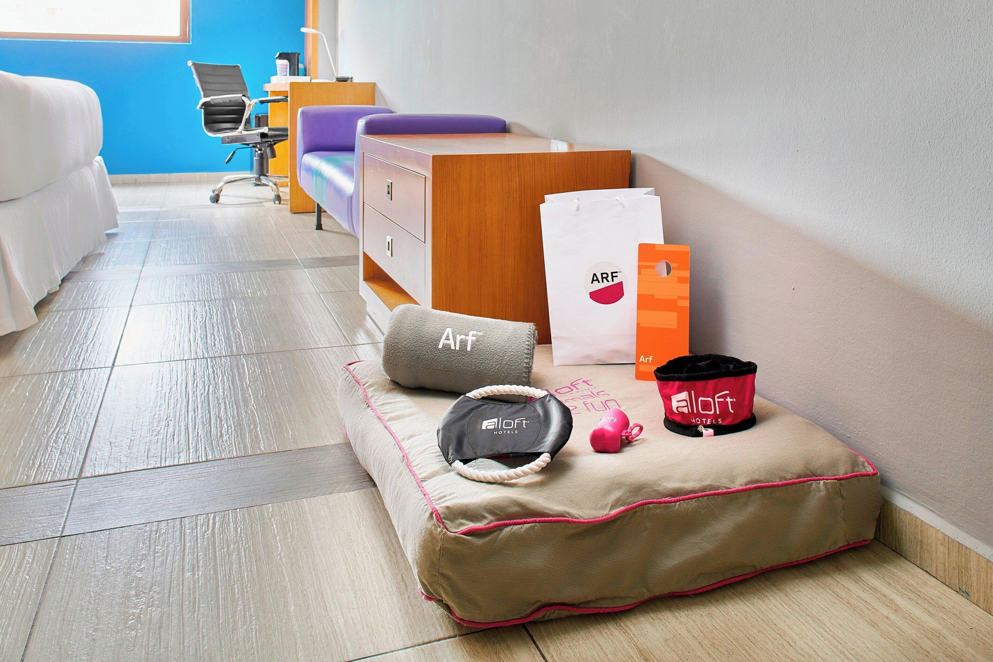 A hotel room with a bed, a desk, a chair, a small sofa, and a bedside table. There are also a few bags and a pillow on the bed.
