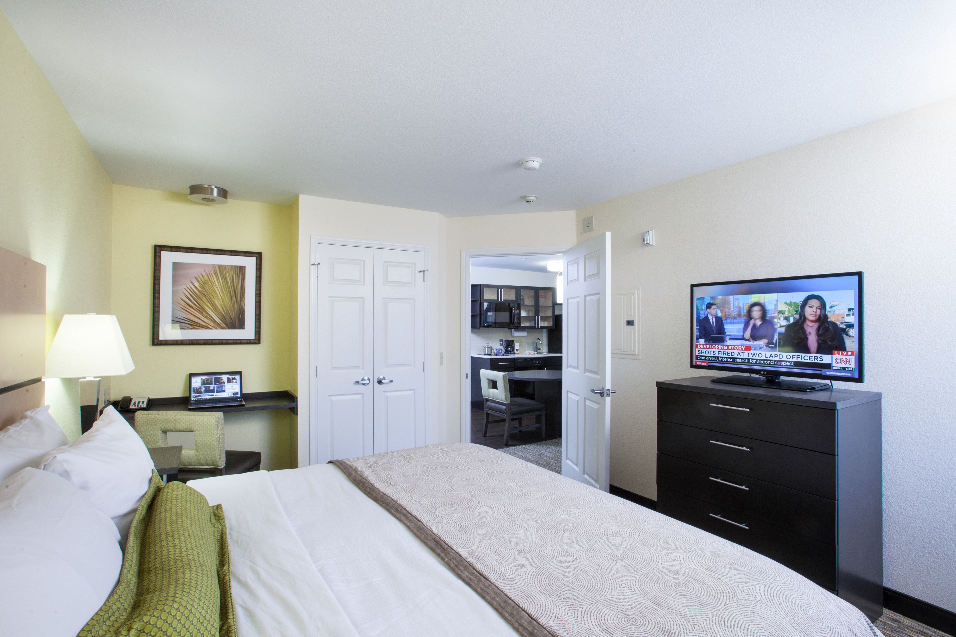 1 bedroom, desk, laptop workspace, blackout curtains