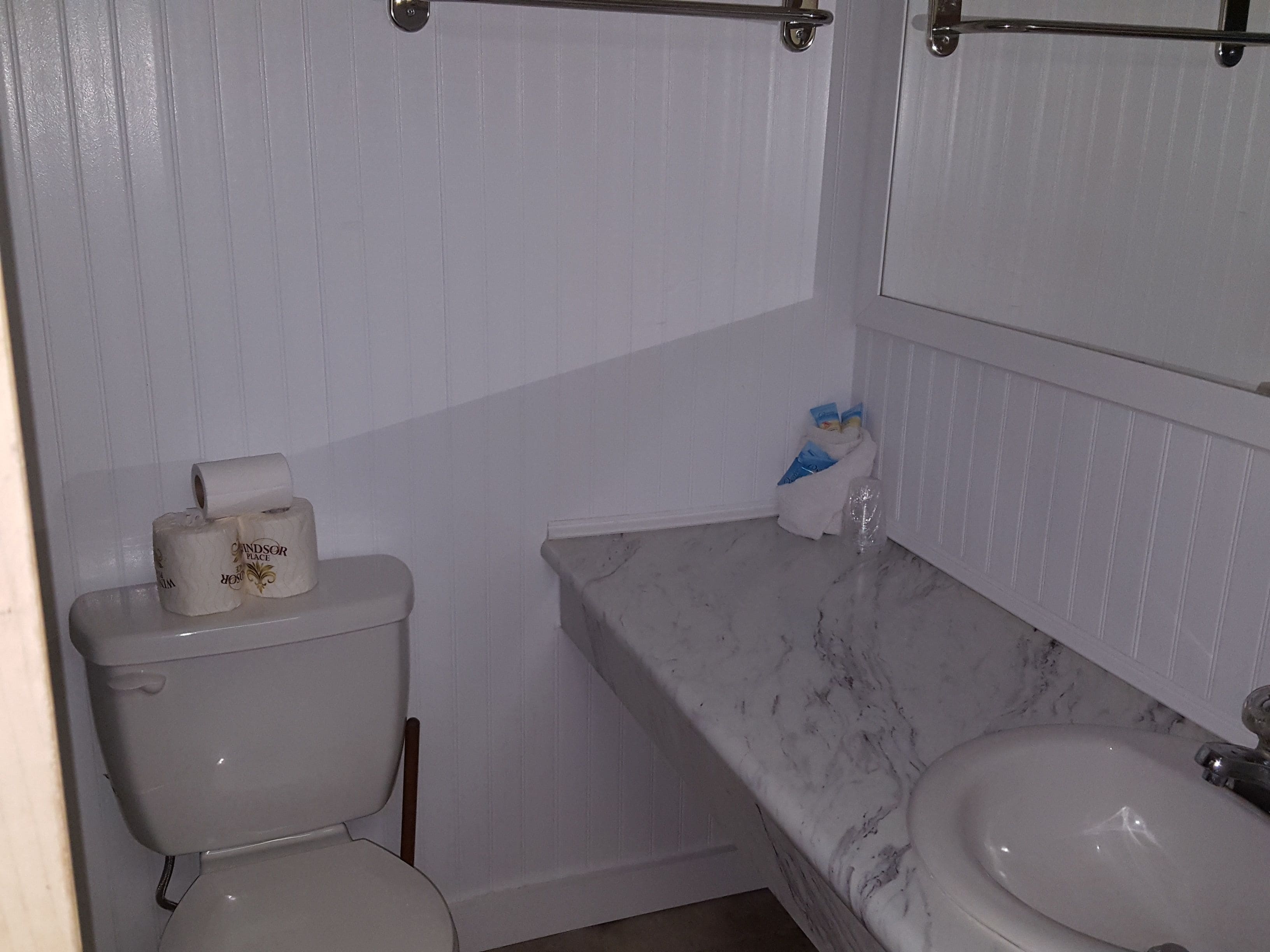 A bathroom with a toilet, a marble sink, and a mirror above the sink.