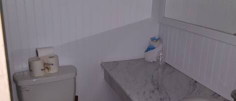 Un baño con inodoro, lavamanos de mármol y espejo sobre el lavamanos.