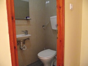 Une petite salle de bain avec des toilettes, un lavabo et une pomme de douche.