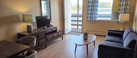 A room with a TV, sofa, dining table, chairs, and a small table with a plant.