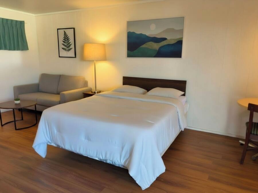 Habitación de hotel con una cama grande, un sofá, una mesita, una lámpara y un cuadro en la pared.