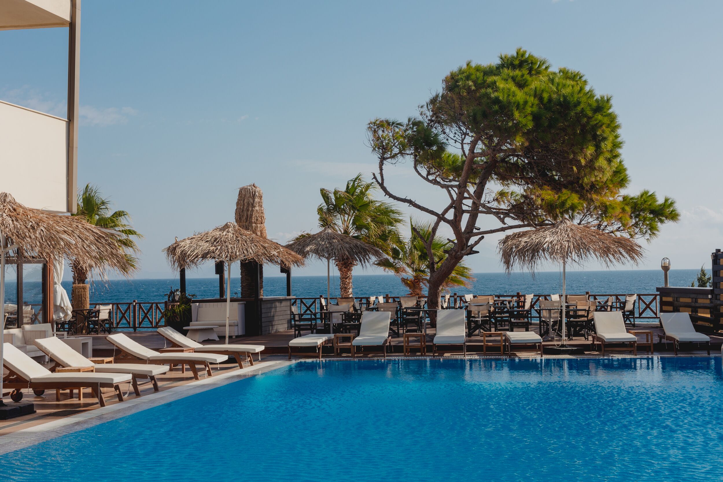 outdoor pool, pool umbrellas, pool loungers