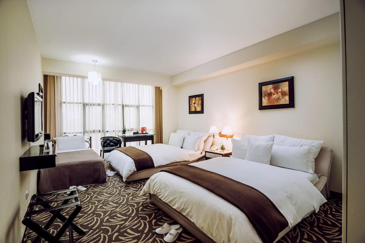 Down comforters, in-room safe, desk, blackout drapes