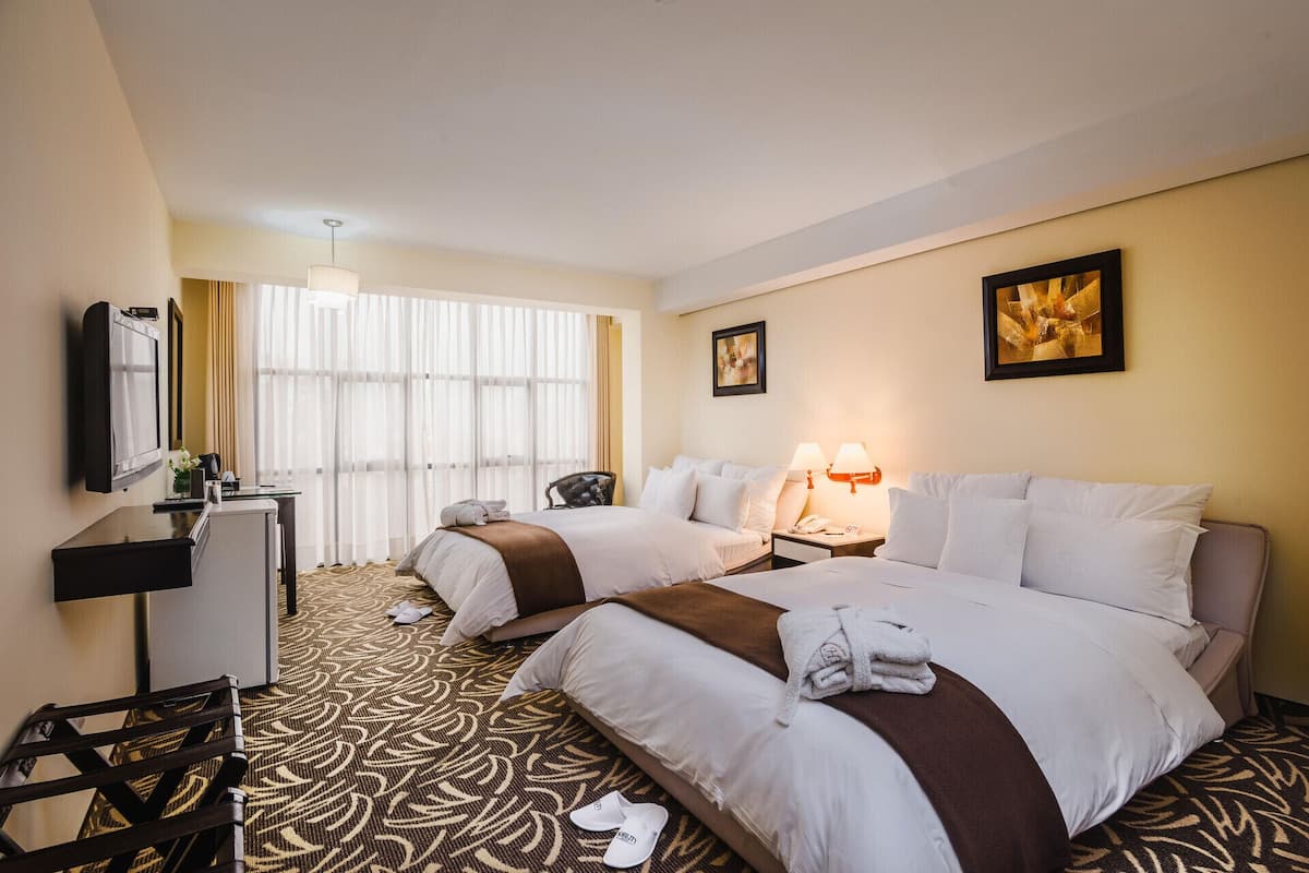 Down comforters, in-room safe, desk, blackout drapes