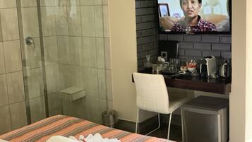 A hotel room with a bed, a shower, a desk with a TV, and a chair.