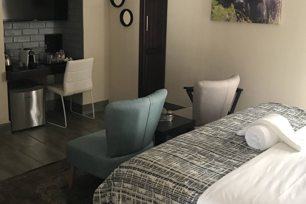 Una habitación de hotel moderna con una cama, un escritorio, una silla, un televisor y un cuadro de un búfalo.