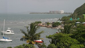 A marina with various boats docked, a beach area with buildings, and a hilly landscape in the background.