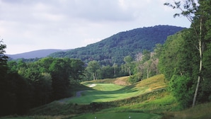 Ein Golfplatz mit einem gewundenen Weg, einem Sandbunker und einem bewaldeten Hügel im Hintergrund.