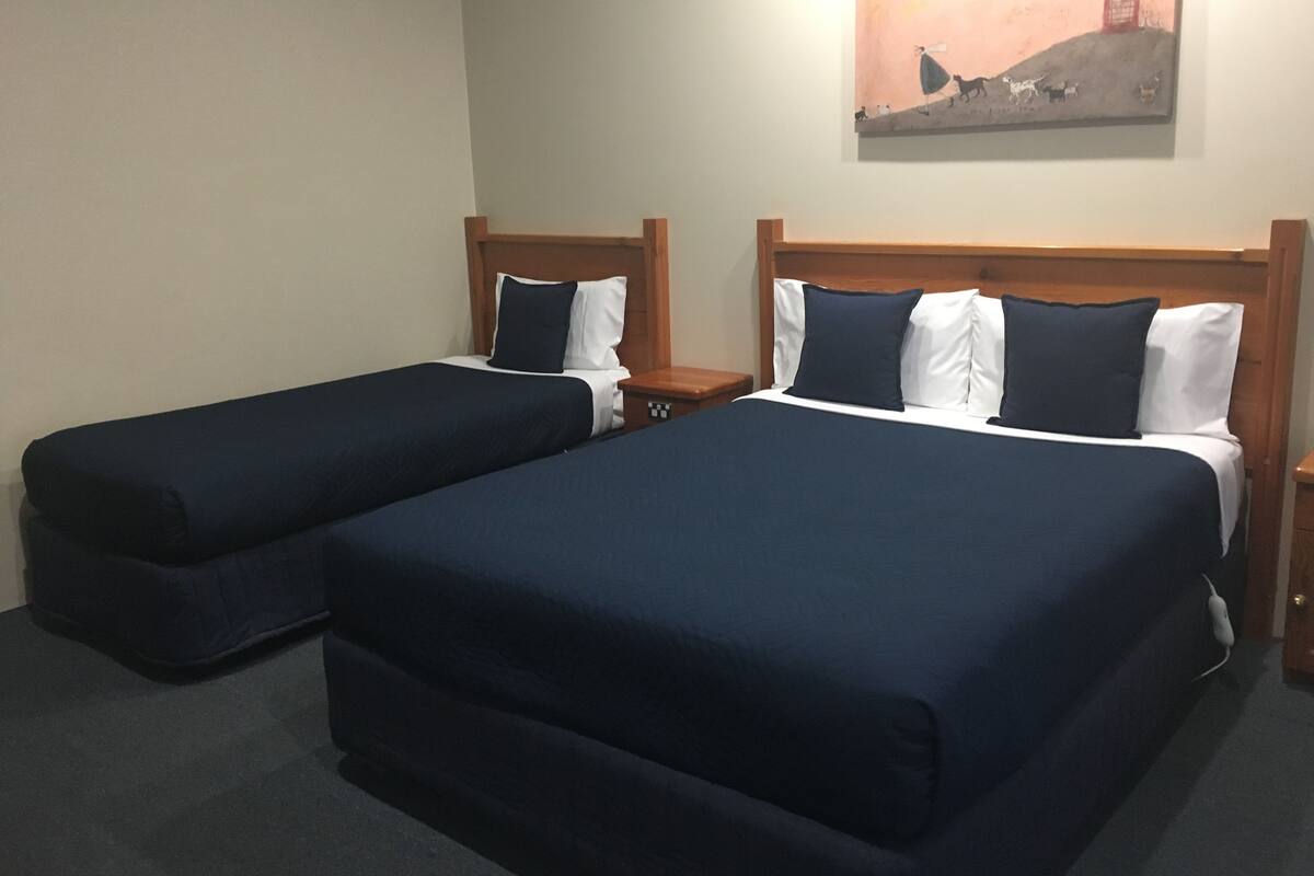 Two single beds with wooden headboards, white and navy bedding, and a painting of animals on the wall.