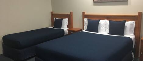 Two single beds with wooden headboards, white and navy bedding, and a painting of animals on the wall.