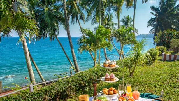 Un coin pique-nique avec une table dressée pour le petit-déjeuner, comprenant des gaufres, des viennoiseries et des fruits, donnant sur une plage bordée de palmiers et sur l’océan.