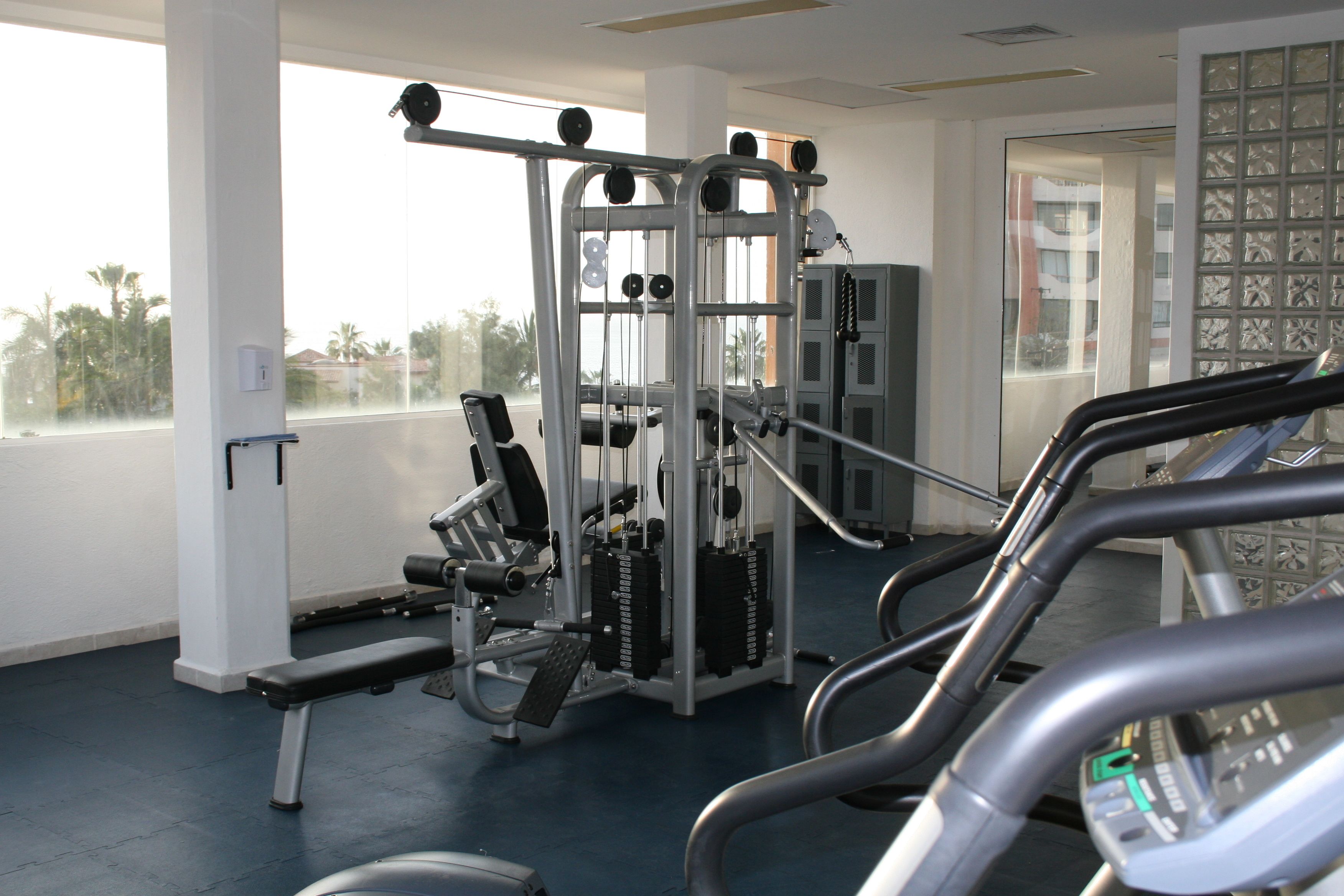 A gym with exercise equipment, a bench, and a window with a view of palm trees.