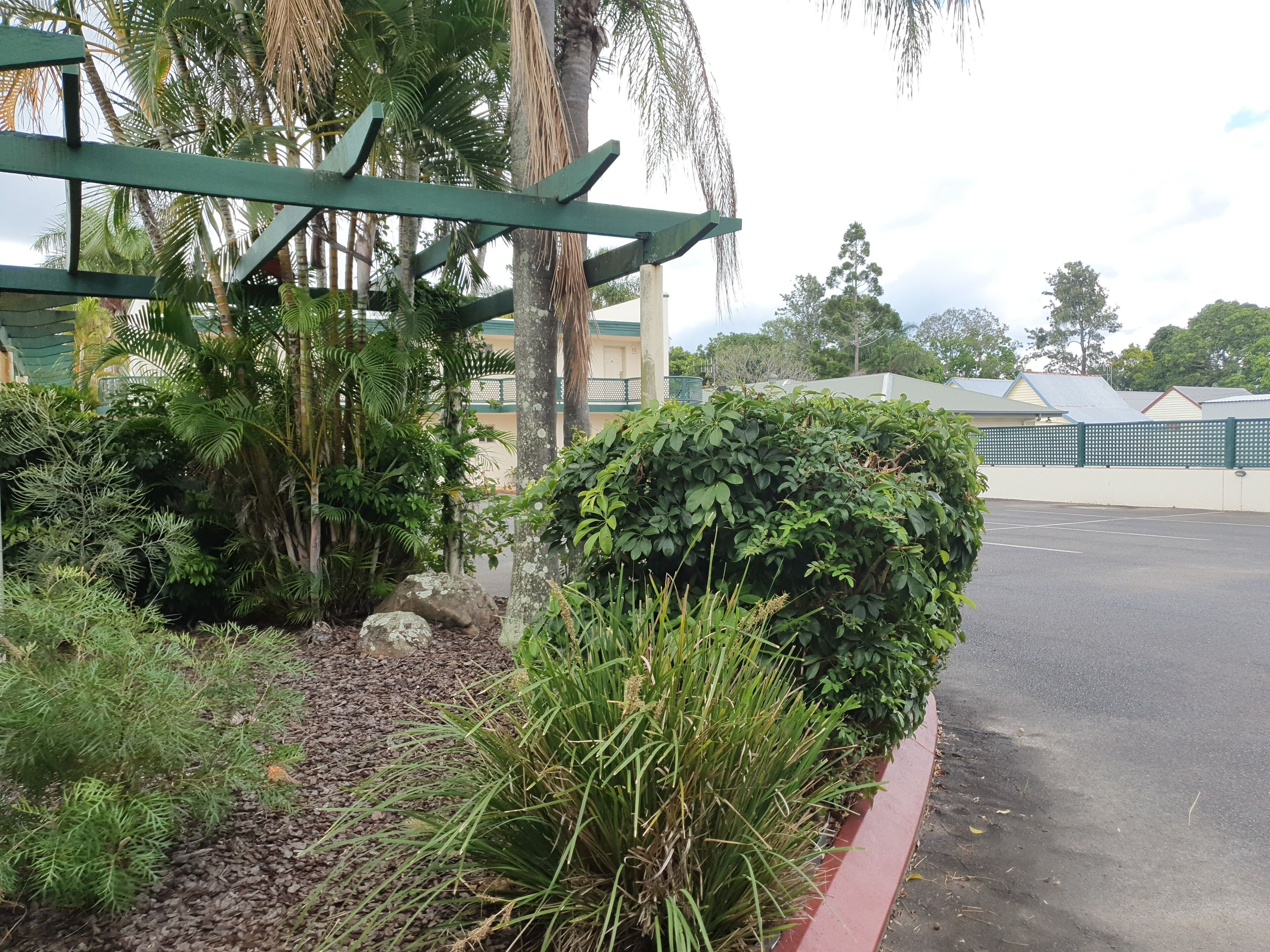 A parking area with a green fence, dense greenery, and a building with a green roof in the background.
