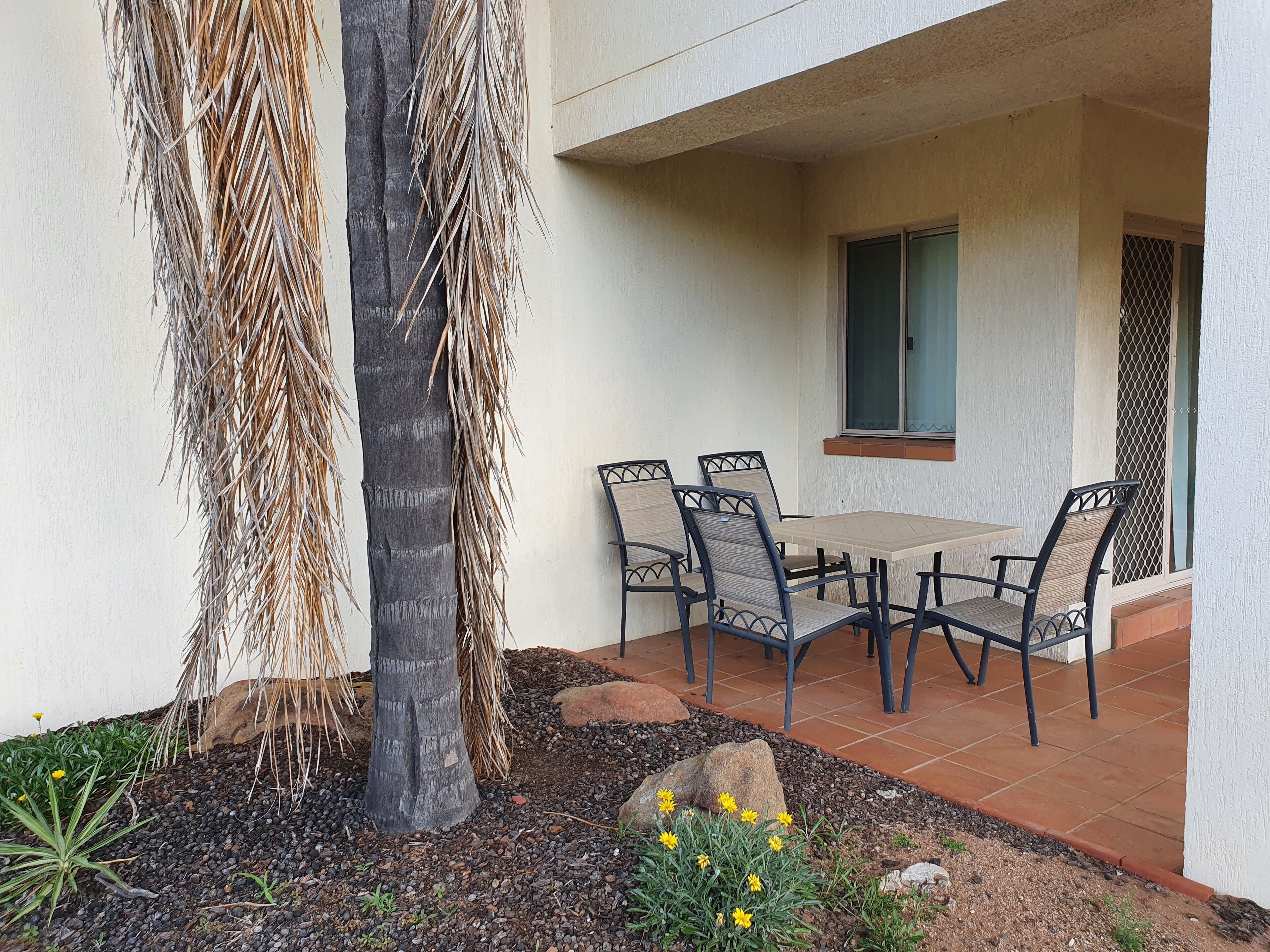 Un patio al aire libre con una mesa y sillas, rodeado de un jardín con plantas y una palmera.