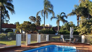 A swimming pool with a white fence, lounge chairs, and palm trees. - McNevin's Warwick Motel (Warwick)