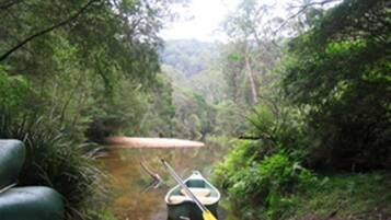 A canoe and a paddle by a muddy path in a forested area.