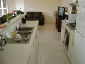 A compact kitchen with a sink, stove, and microwave. There is a dark-colored sofa in the living area. - Lantauanan (Island Beach)