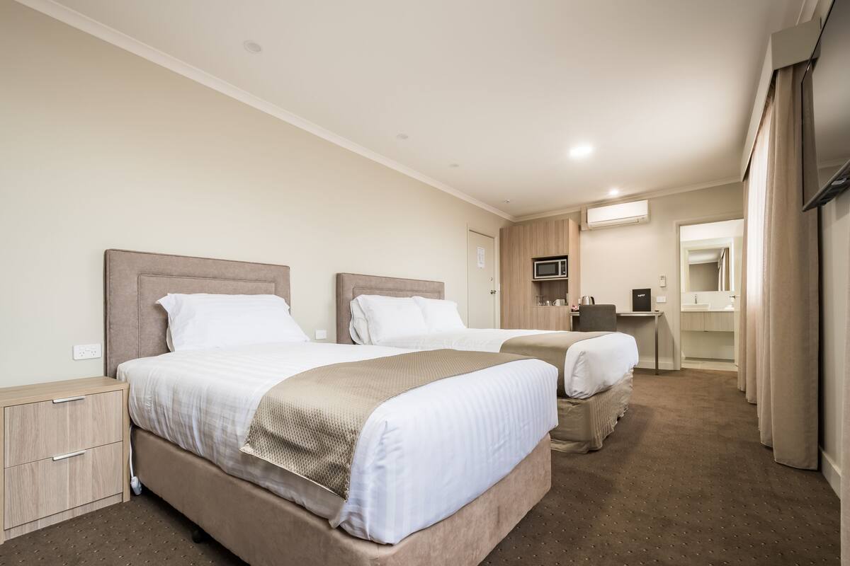Habitación de hotel con dos camas, un escritorio, un espejo y un televisor.