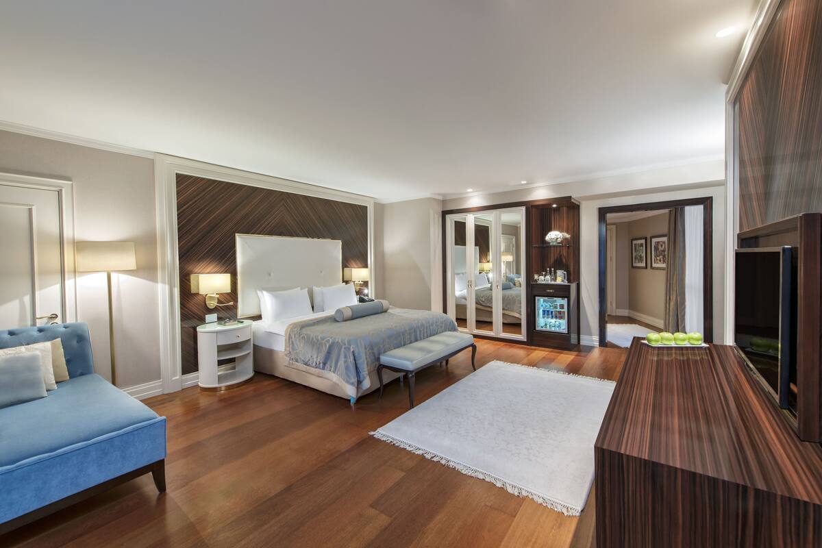 A modern bedroom with a large bed, bedside tables, a sofa, and a TV.