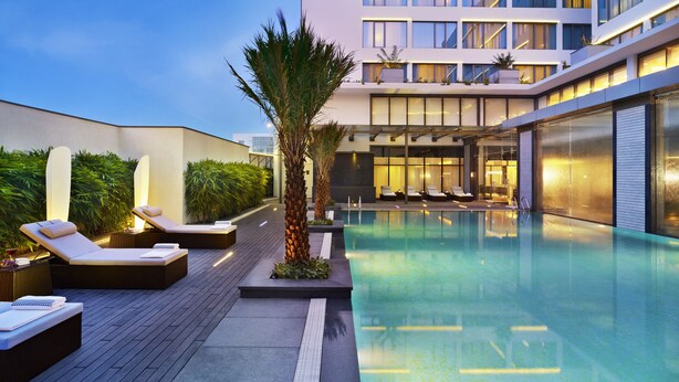 Uma área de piscina moderna de hotel com espreguiçadeiras, uma palmeira e um edifício com grandes janelas ao fundo.