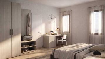 Un dormitorio con una cama, un escritorio, una silla, un armario y un reloj en la pared.