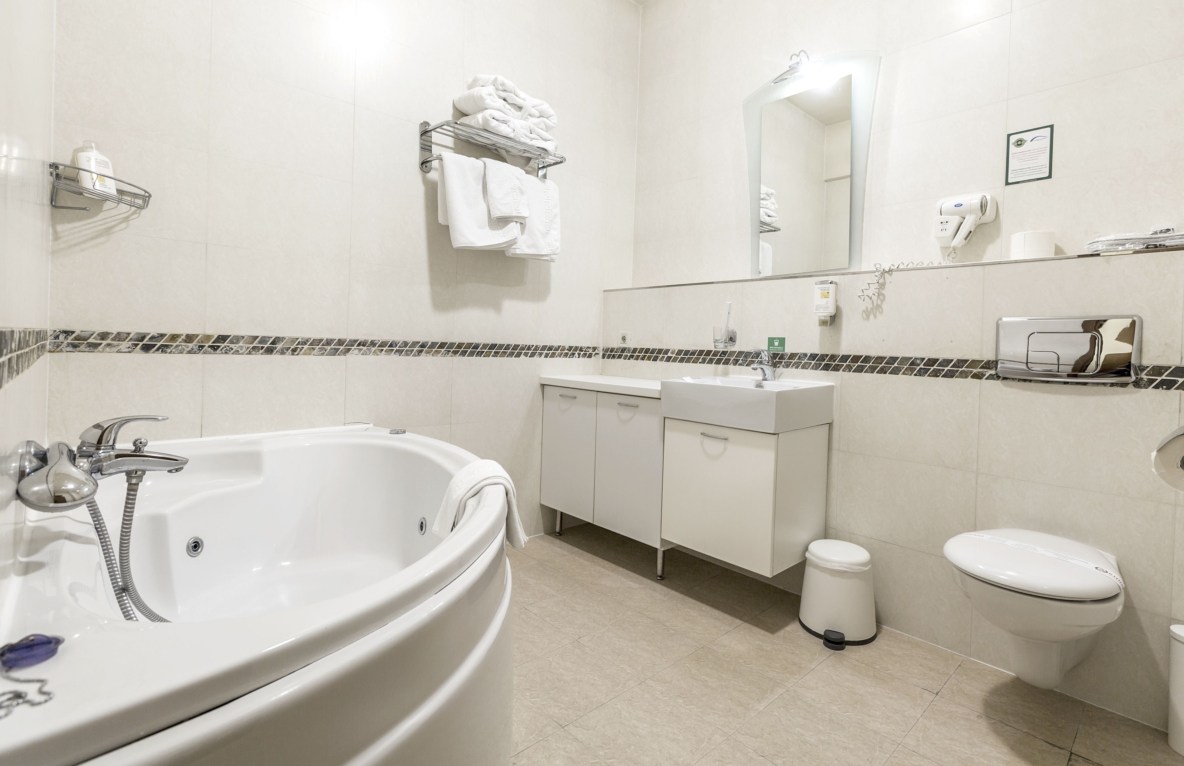 A modern bathroom with a large bathtub, a sink, a toilet, and a mirror.