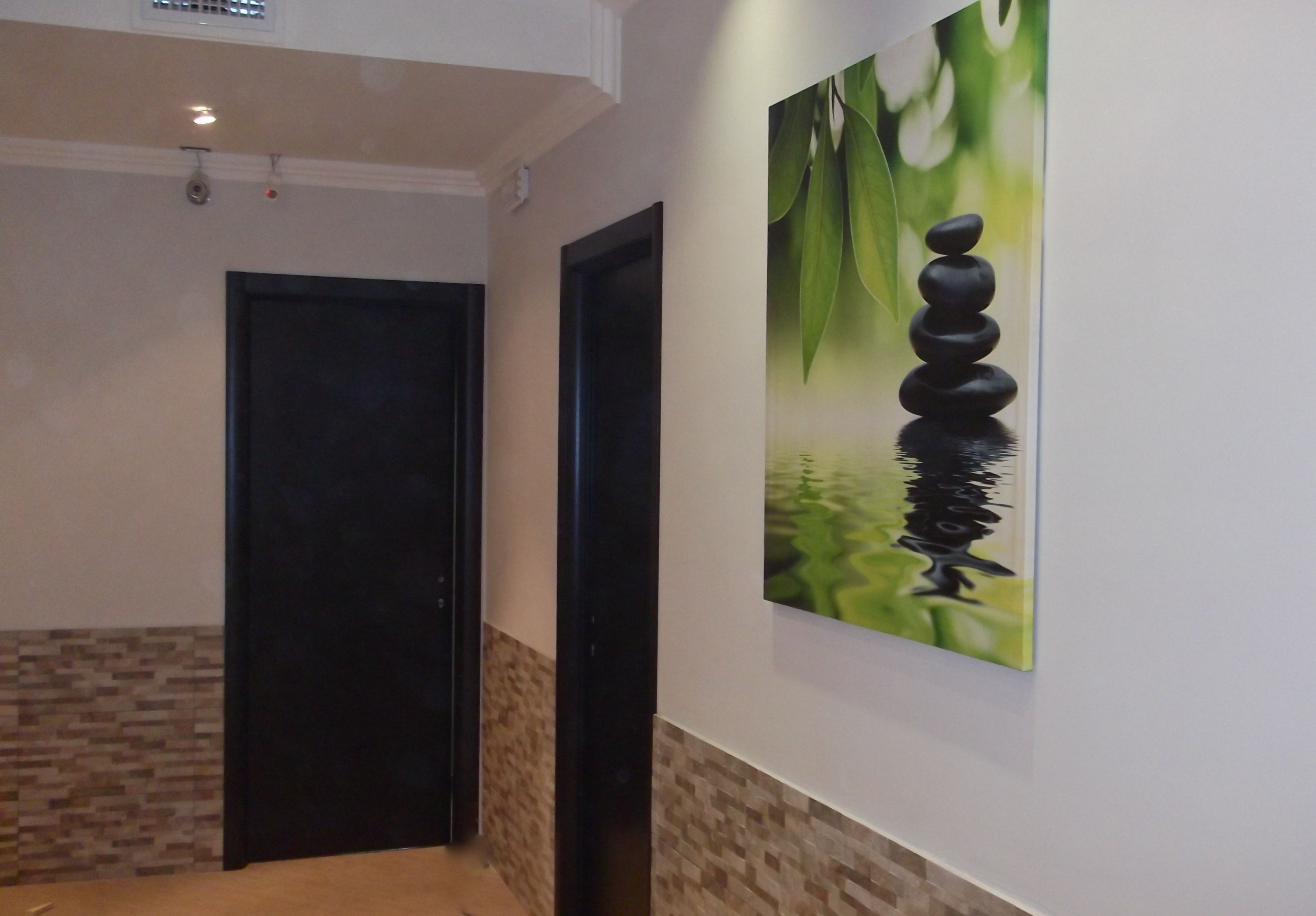 A hallway with a black door, a wall-mounted artwork of a balanced rock over water, and a patterned wall.