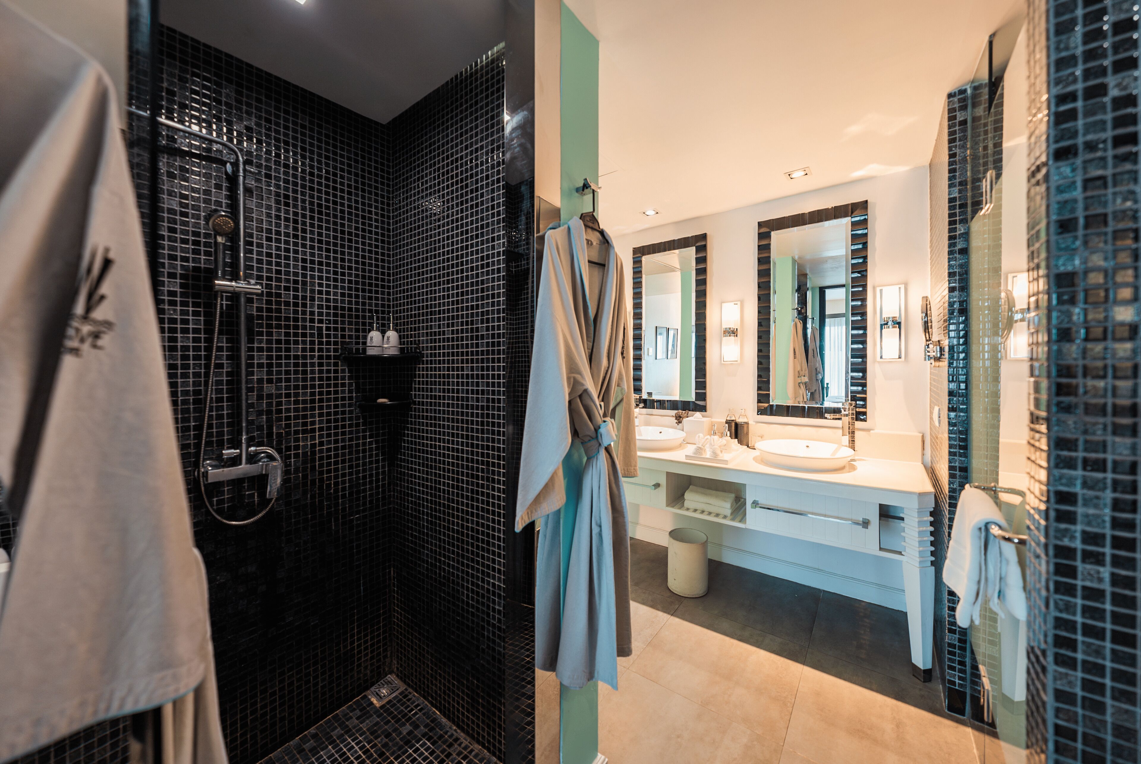 sunset king bed | bathroom | separate bathtub and shower, deep-soaking bathtub, free toiletries