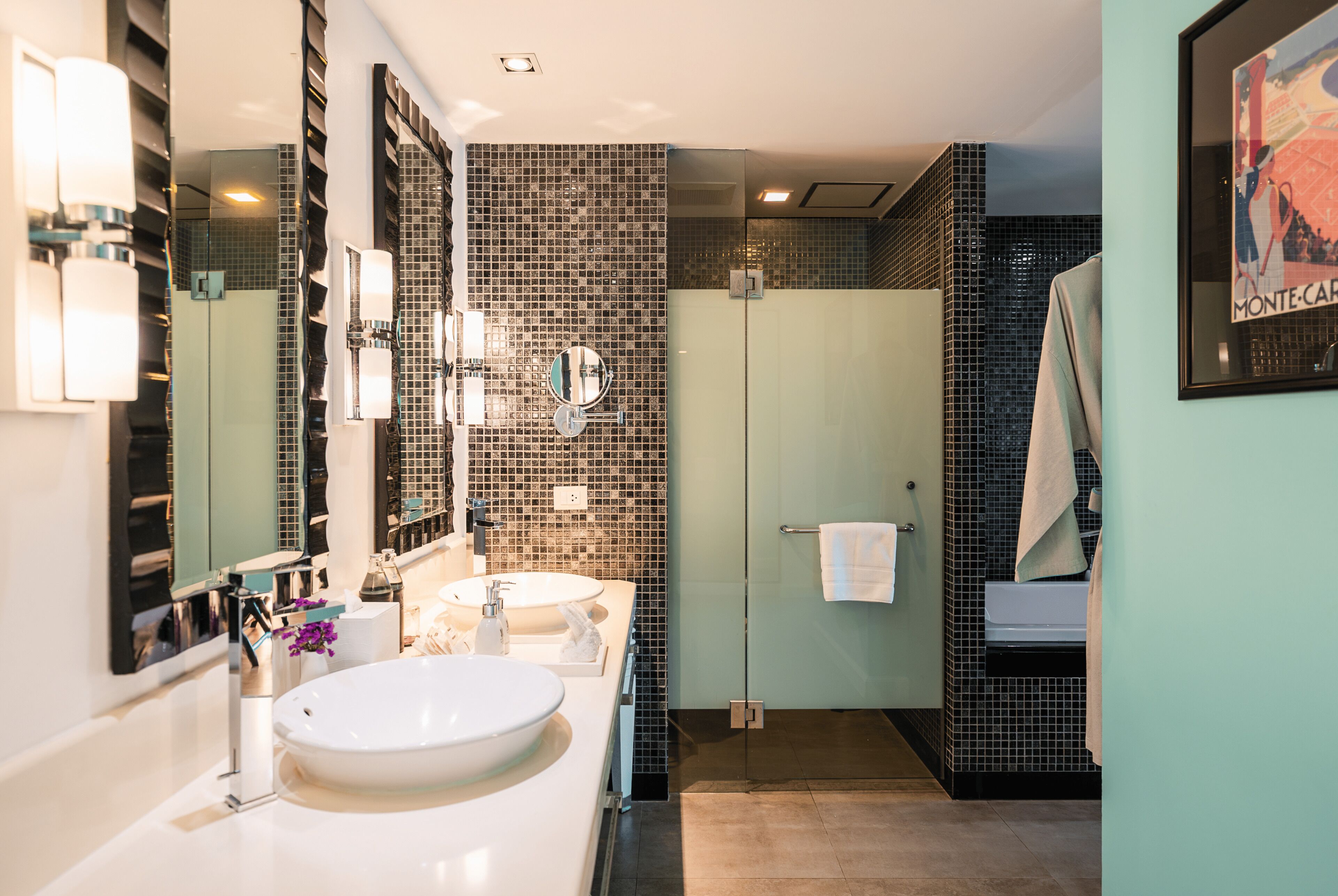 sunset king bed | bathroom | separate bathtub and shower, deep-soaking bathtub, free toiletries