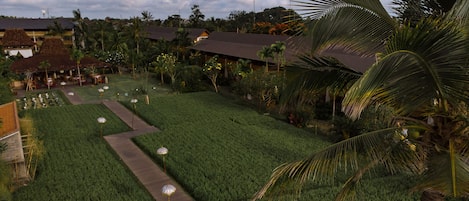 A well-maintained garden with a pathway, palm trees, and a building with a tiled roof.