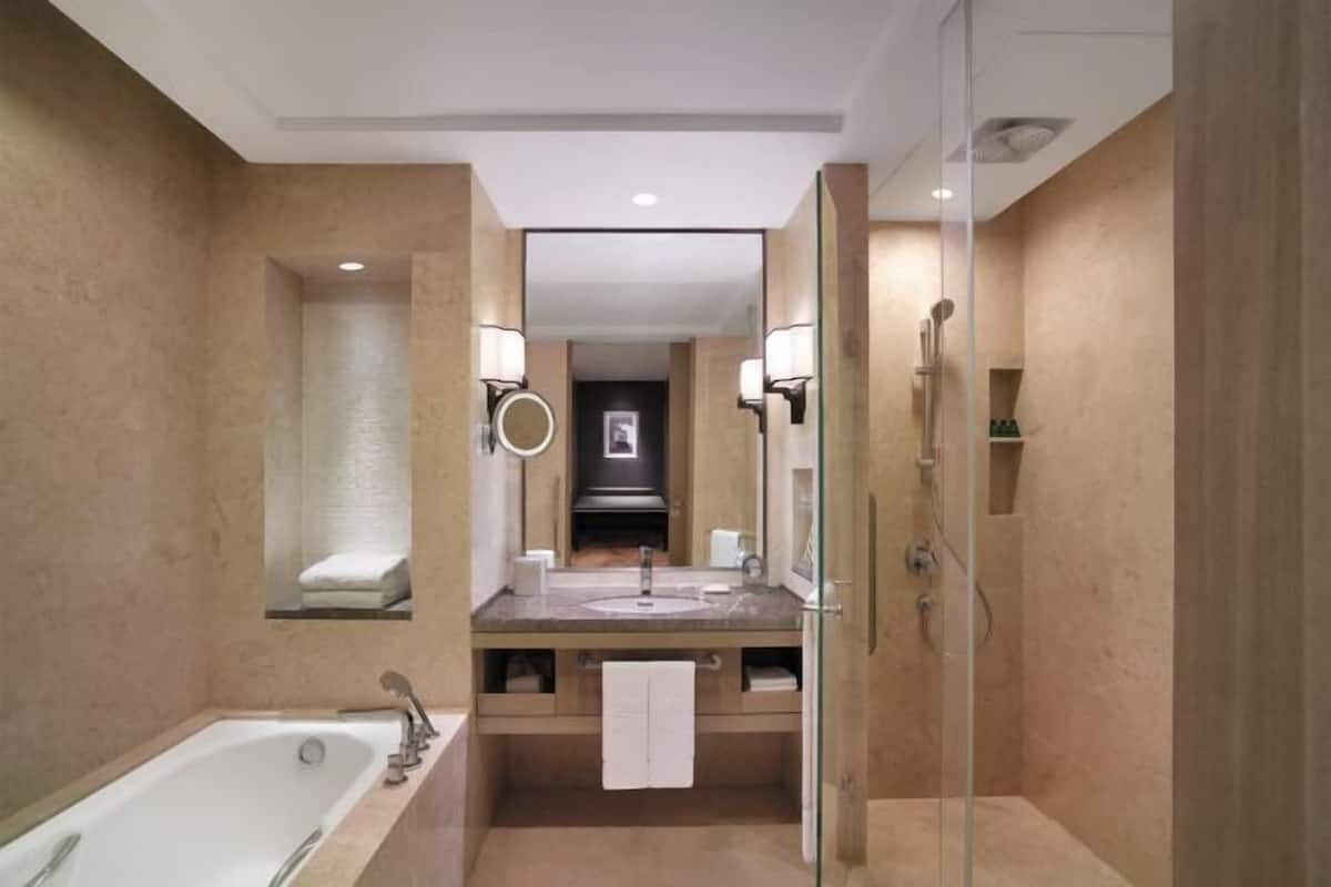 Separate tub and shower, free toiletries, hair dryer, bathrobes