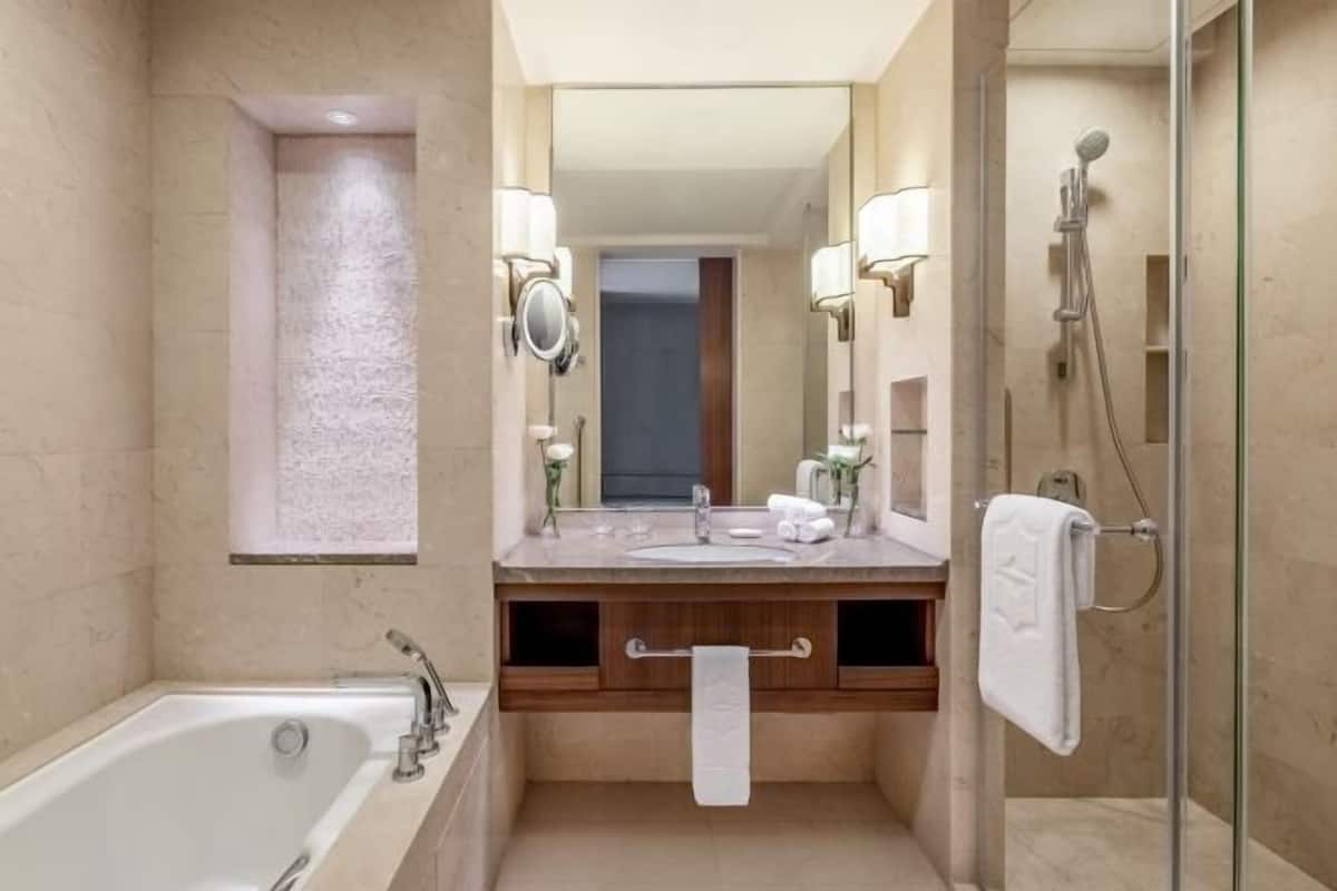 Separate tub and shower, free toiletries, hair dryer, bathrobes