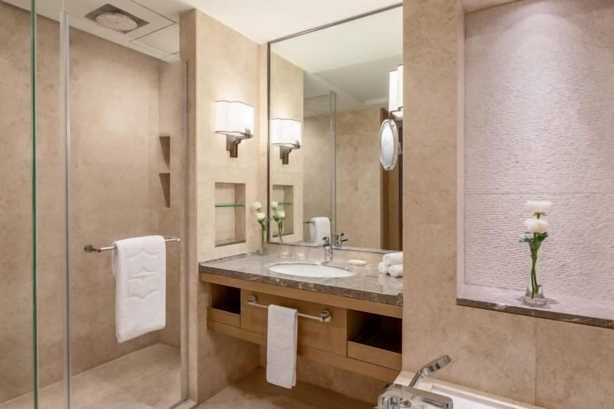 Separate tub and shower, free toiletries, hair dryer, bathrobes