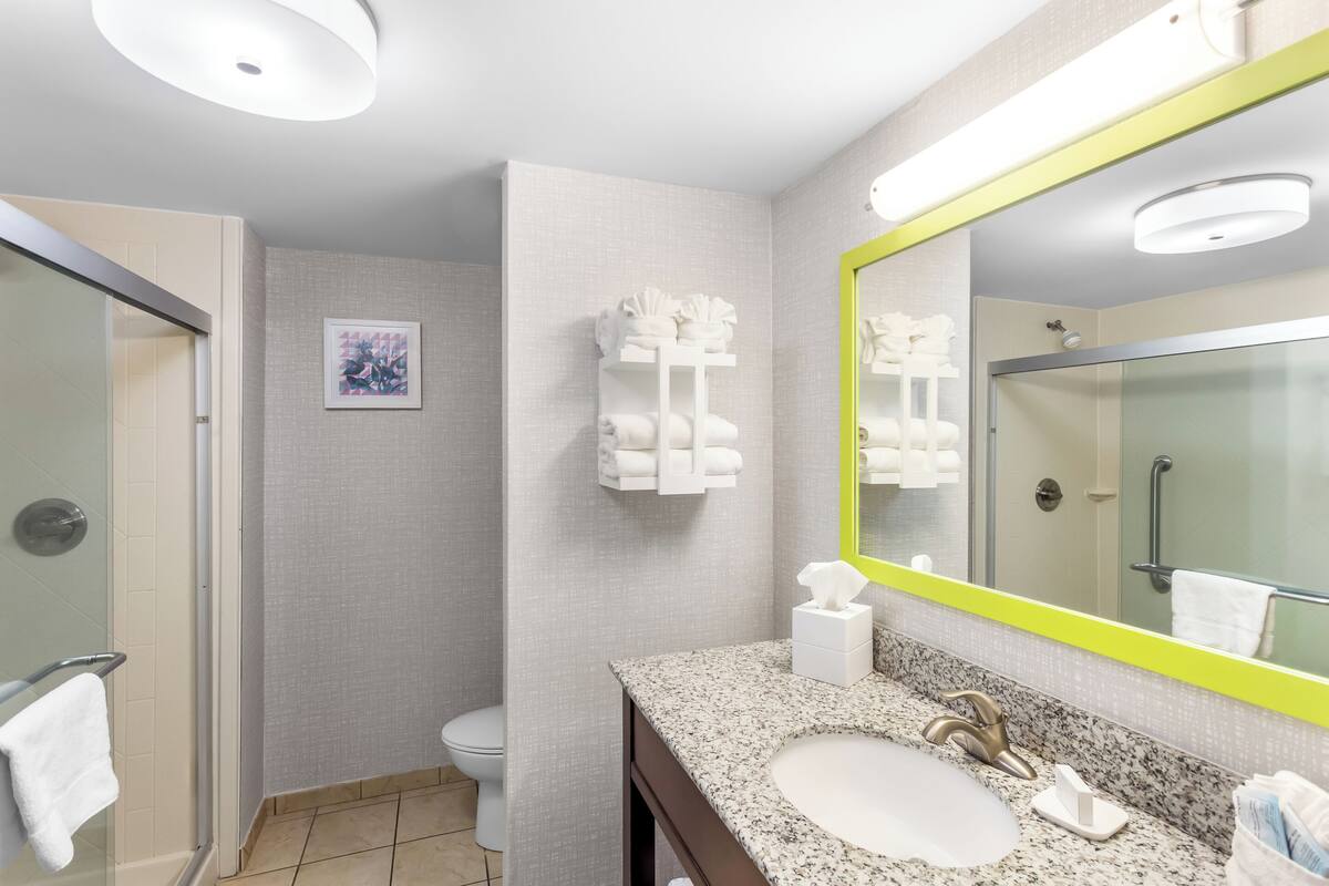 shower, designer toiletries, hair dryer, towels