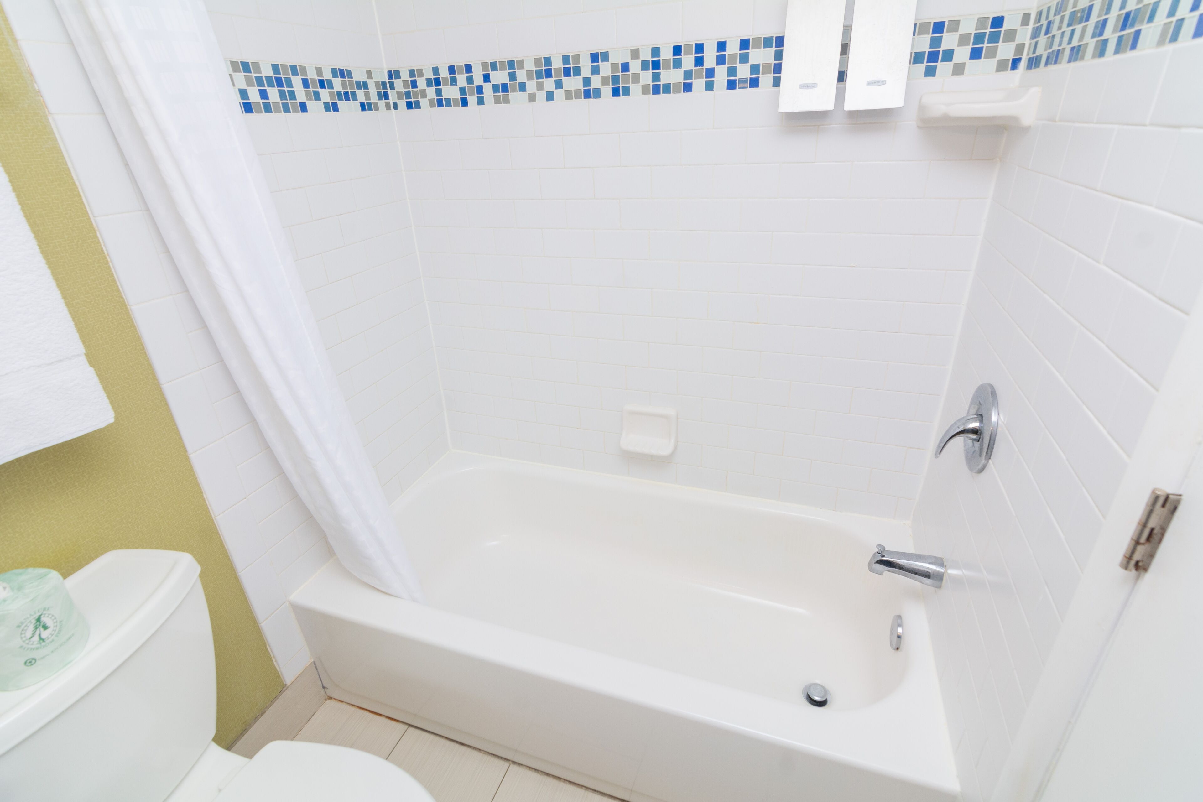 Ein Badezimmer mit Badewanne, Toilette und Duschvorhang.