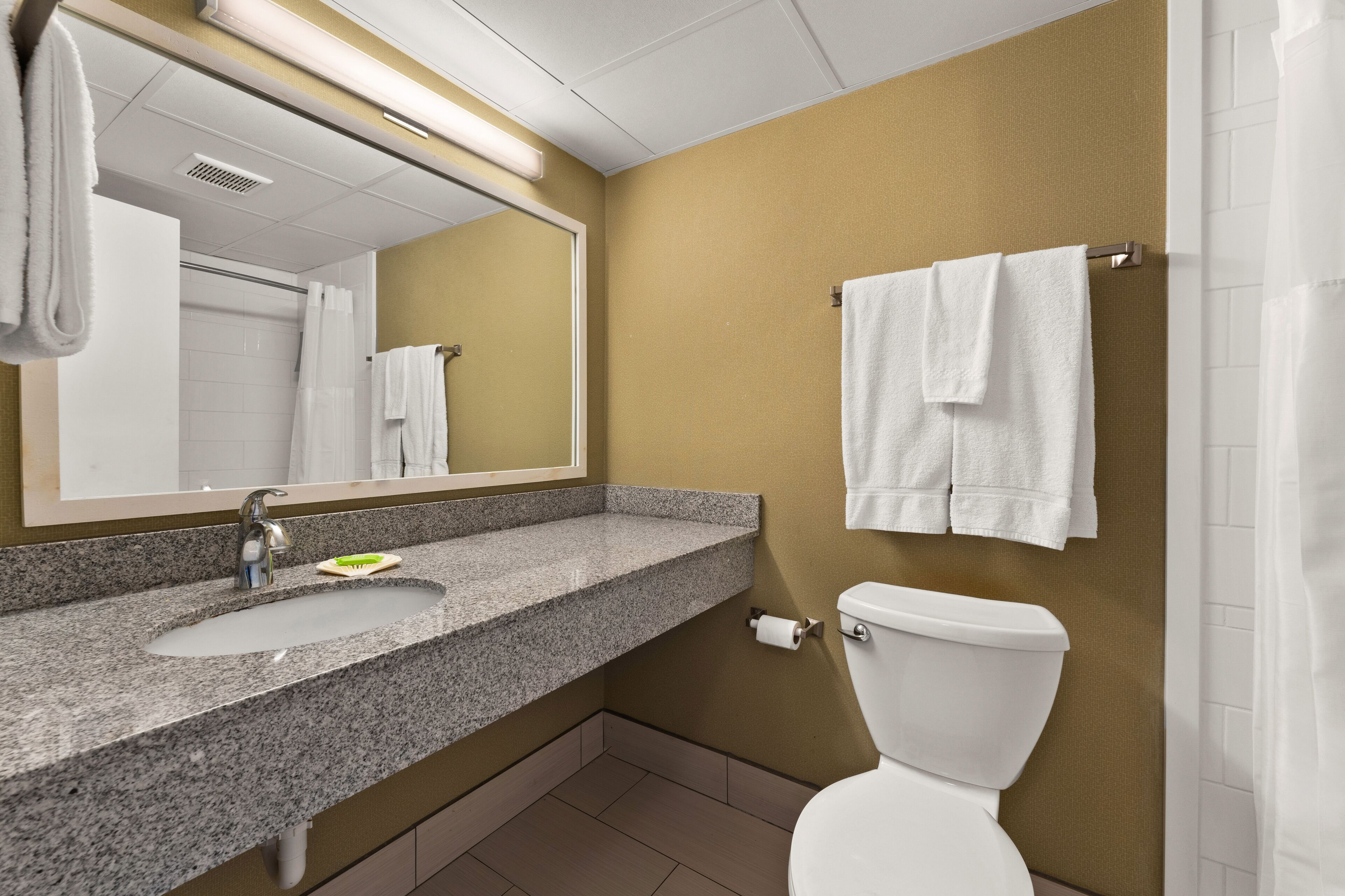 A bathroom with a granite sink, a white toilet, and a mirror above the sink.
