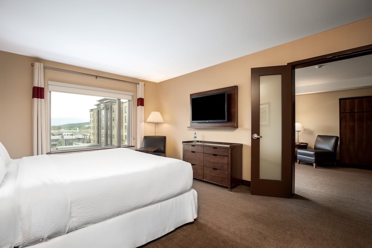Quarto de hotel com uma cama grande, televisão, escrivaninha e vista para a cidade.