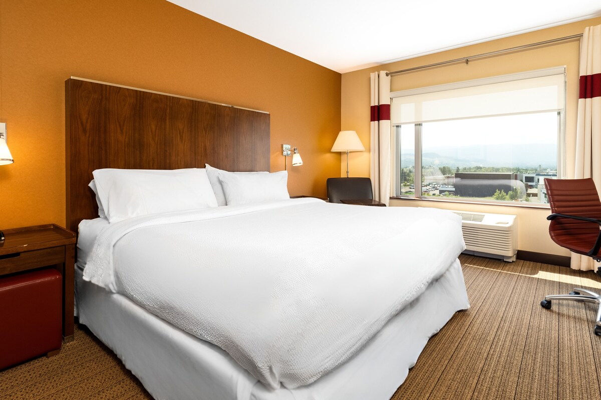 Habitación de hotel con una cama grande, un escritorio, una silla y una ventana con vista a la ciudad.
