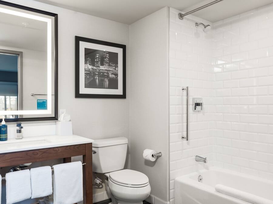 A bathroom with a white toilet, a sink with a mirror, a framed picture on the wall, and a white bathtub.